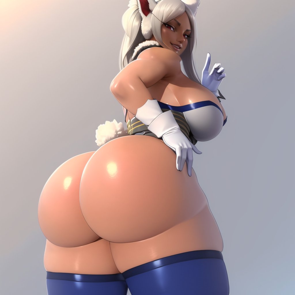 (masterpiece, best quality:1.3), Popogori1, 1girl, solo, looking at viewer, wide hips, mature female, closed mouth, seductive smile, large breasts, cowboy shot, thick thighs,  <lora:Popogori1 Style Lora:1>, from behind, ass, looking back, leotard, fur collar, muscular female, bunny ears, white hair, red eyes, thighhighs, gloves,  <lora:Mirko:.8>