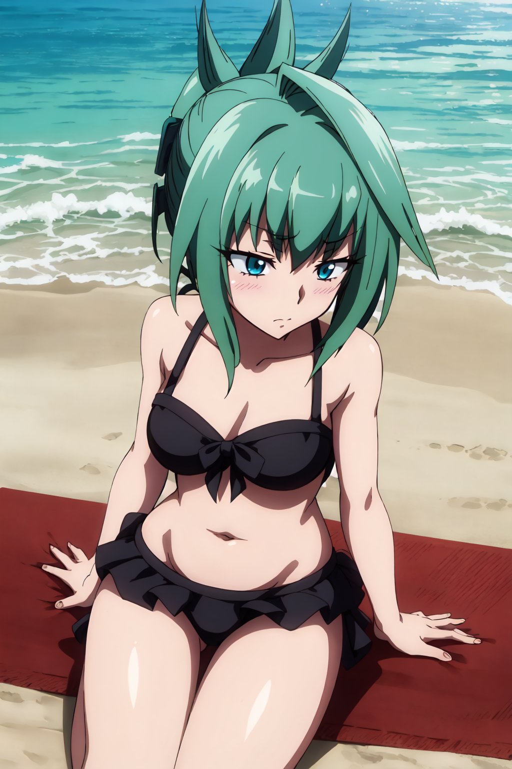 TaoJun, 4k, absurd, high resolution, very high resolution, high definition, masterpiece, green hair, blue eyes, folded ponytail, beach, bikini, blushing, embarrassed<lora:EMS-390424-EMS:0.800000>