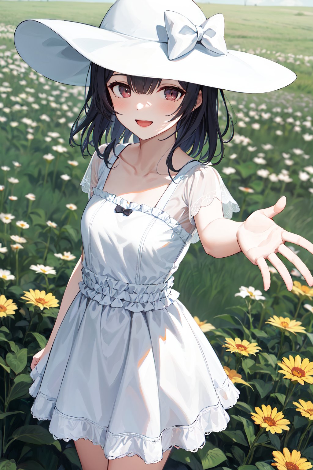 masterpiece, best quality, highres, bbrinze, medium hair, sun hat, white headwear, hat bow, collarbone, sundress, white dress, short sleeves, see-through, <lora:morino_rinze_v1:0.7>, standing, cowboy shot, smile, field, reaching out, open mouth, 