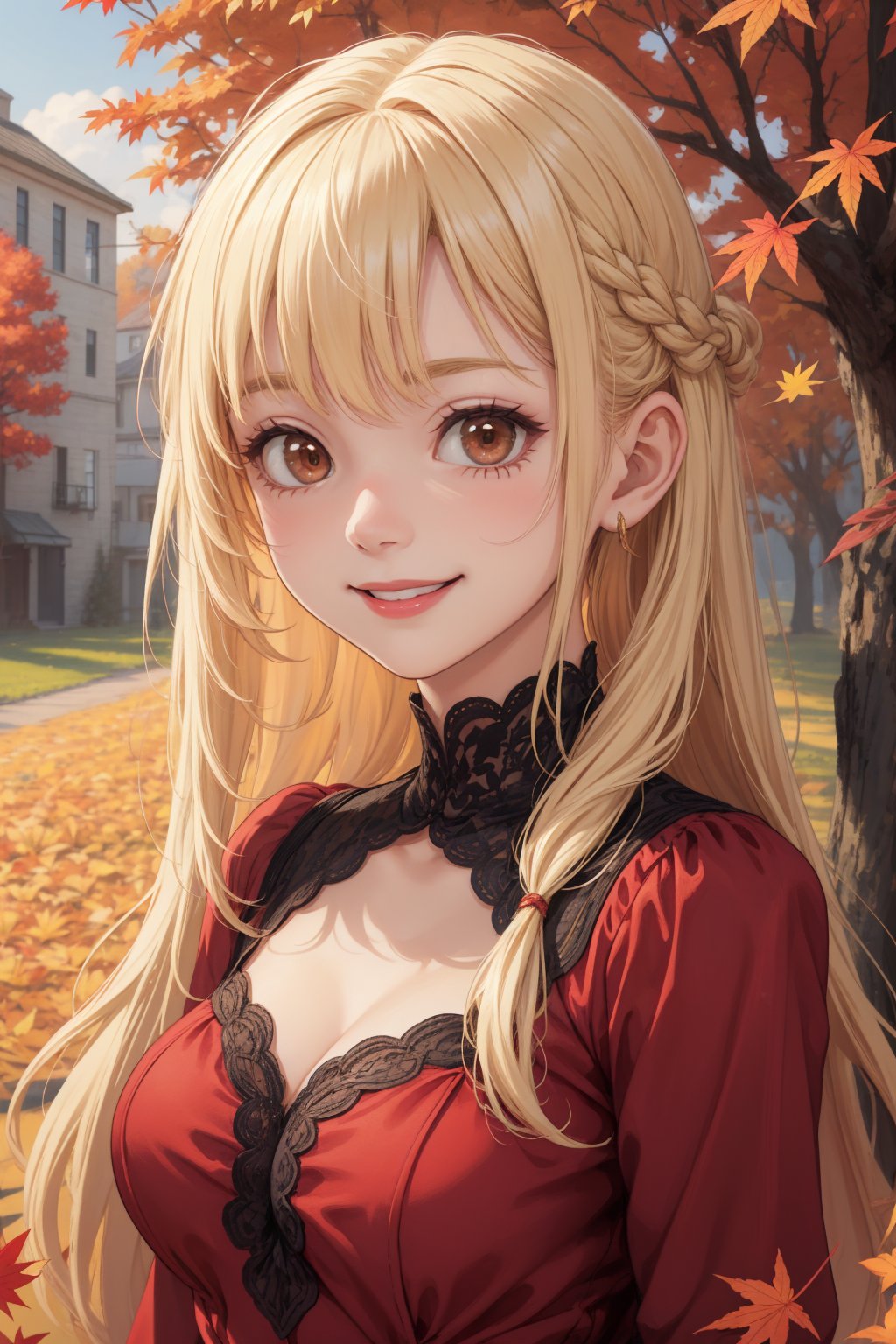 masterpiece, best quality, 1girl, portrait, long blonde hair, red dress, autumn, outdoors, smile