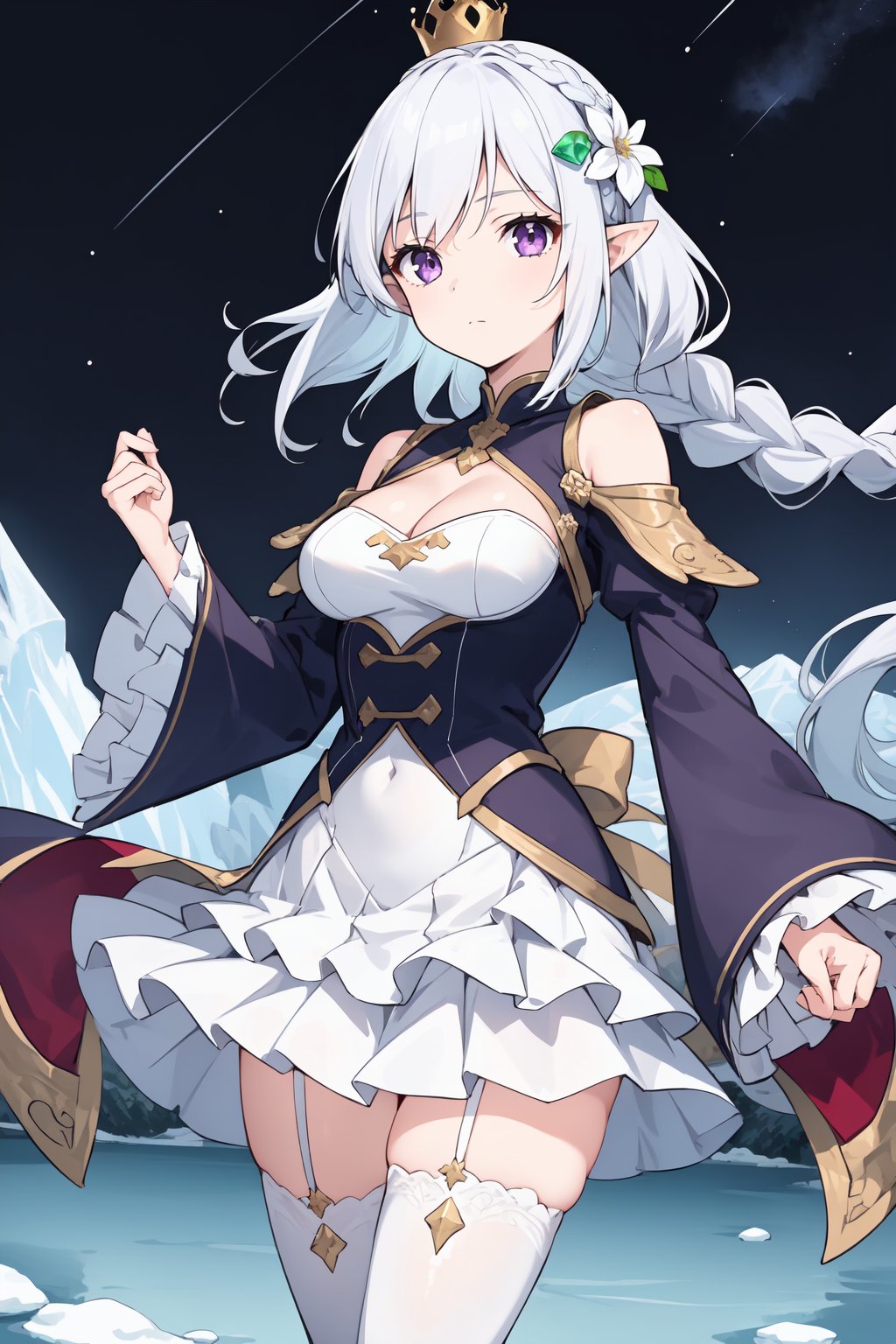 1girl, , braid, breasts, cleavage, closed mouth, clothing cutout, crown braid, floating hair, flower, frilled sleeves, frills, frozen lake, gem, green gemstone, hair flower, hair ornament, layered skirt, long hair, long sleeves, medium breasts, miniskirt, pleated skirt, pointy ears, purple eyes, shoulder cutout, skirt, sky, solo, star (sky), starry sky, thighhighs, very long hair, white flower, white hair, white skirt, wide sleeves, zettai ryouiki, 