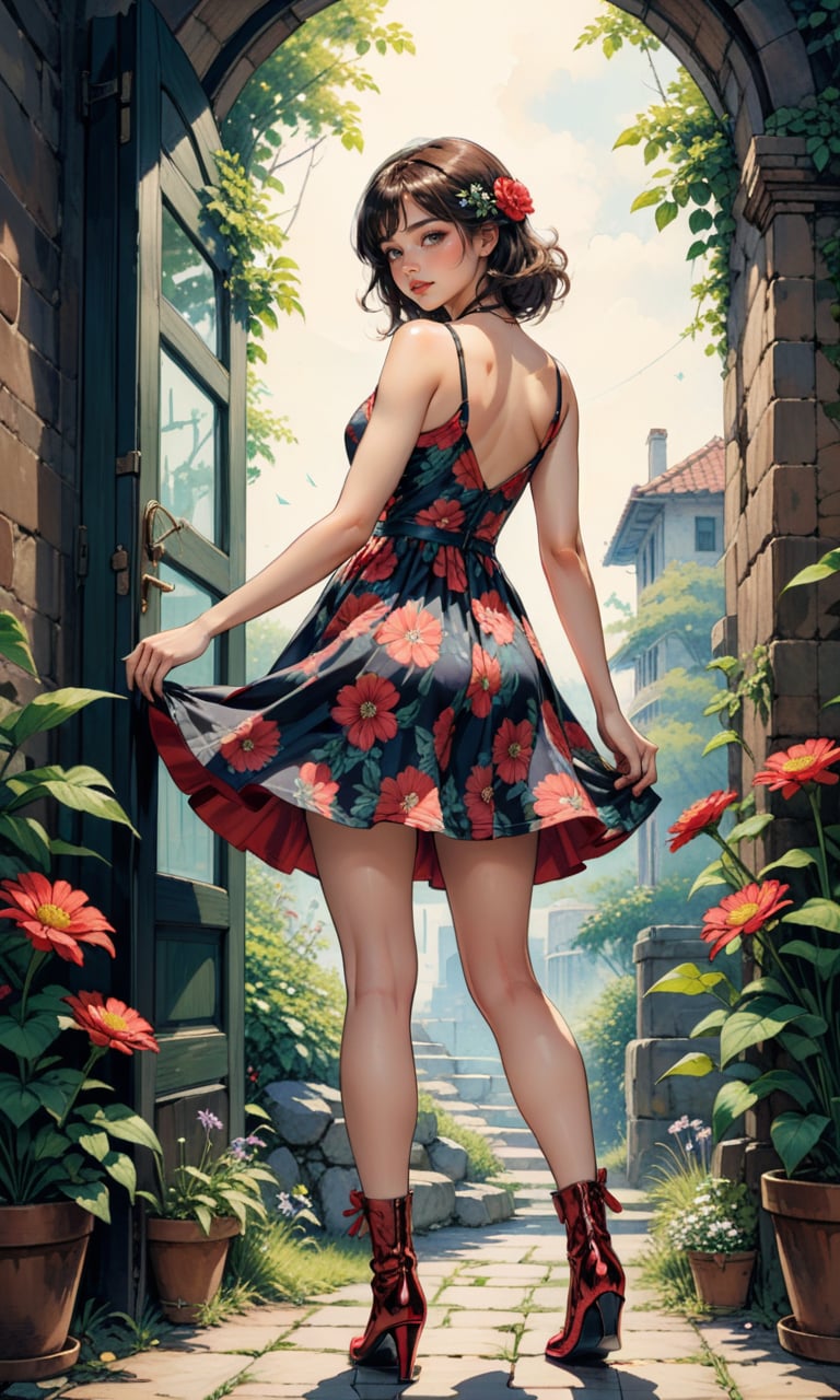 4n1v3rs3, zPDXL2, ((comic-book, illustration style)), Flirty model woman, with backside wearing a dress with flower pattern and flower boots, Grzegorz Rosiński, Milo Manara, detailed background, dark fantasy, colorful