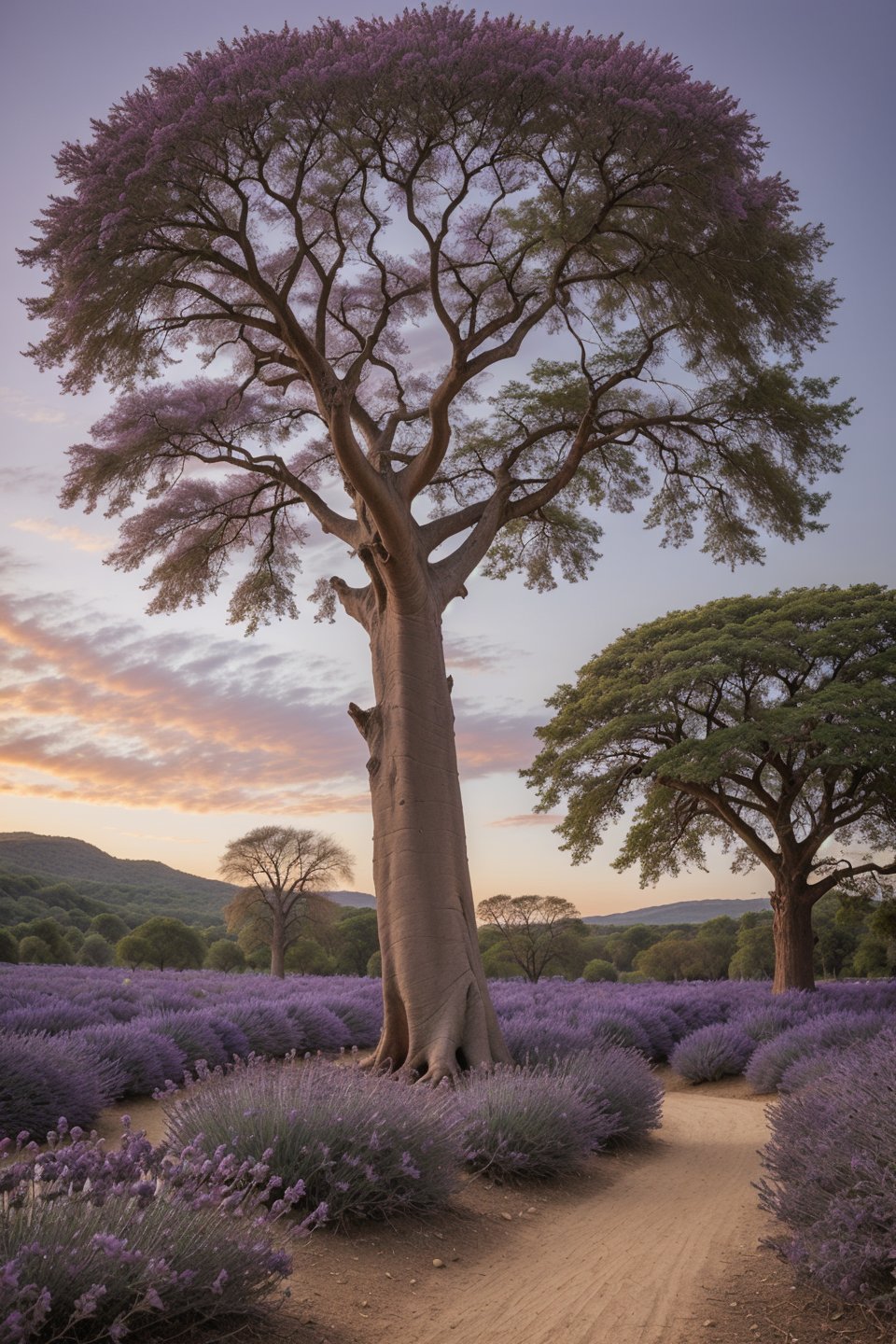 landscape art stylized by Michael James Smith, Irresistible Lavender, Lilac and Periwinkle Baobab, Fine art, Fearful, Mono Color, photography