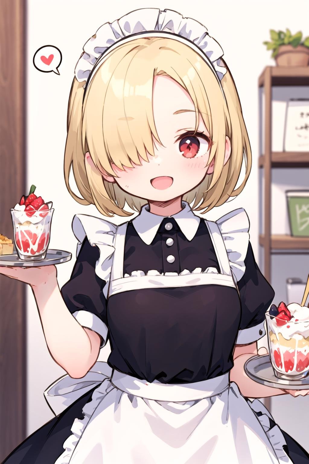 1girl, holding tray, parfait, :d, frills, ahoge, maid headdress, maid apron, spoken heart, :d, blonde hair, red eyes, short hair, hair over one eye, forehead