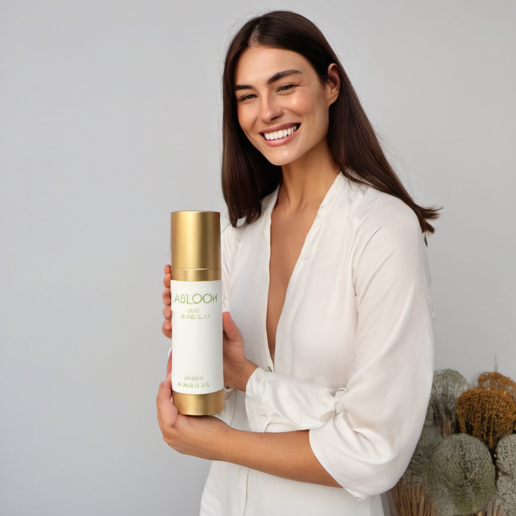 a beautiful smiling model woman, holding (Abloom organic oil:1.2)( in a white bottle whose cap is white:1.1) (while the shoulder part and heel are in golden dull brown color and the body is in white with branded words "Abloom"), the dimensions of the bottle is; height is 146mm, Diameter 40mm, Circumference 130mm,, with one hand <lora:AIBLOOM INF_LORA-000002:0.6> <lora:AIBLOOM INF_LORA-000003:0.2> <lora:AIBLOOM INF_LORA-000001:0.2>