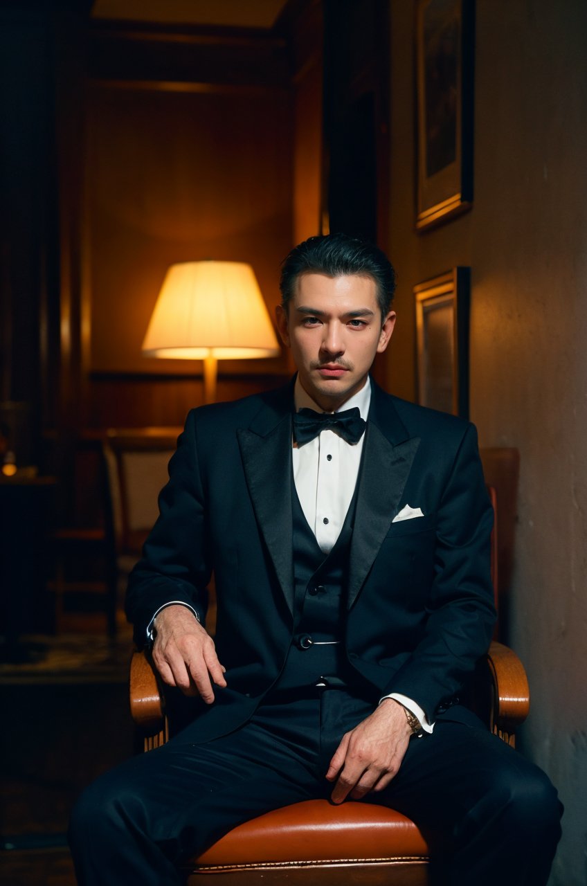 medium shot, 1man, solo, looking at viewer, fierce eyes, mafia look, muscular man, sitting on arm chair, tuxedo, cigar in hand, dark, moody, realistic <lora:Noise Offset by Zephyr V2.1:1>, RAW photo, (masterpiece:1.3), subsurface scattering, heavy shadow, (high quality:1.4), (intricate, high detail:1.2), professional photography, HDR, High Dynamic Range, realistic, ultra realistic, photorealistic, high resolution, film photography, DSLR, 8k uhd, Fujifilm XT3