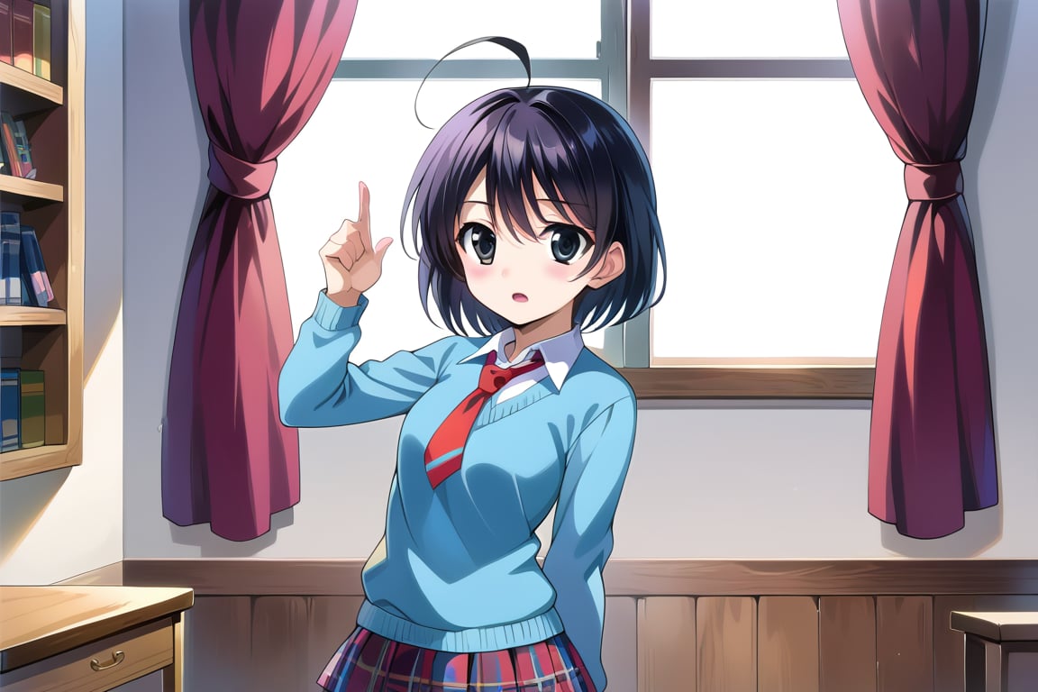 Highly detailed, High Quality, masterpiece, beautiful, BREAK 1girl, solo, (young woman, 16 years old), niki ookuma, short hair, black hair, ahoge, (black eyes:1.3), (detailed eyes, perfect eyes, pupils), BREAK mini skirt, school uniform, necktie, shoes, socks, (skyblue sweater:1.5), plaid skirt, black socks, sneakers, tie inside sweatshirt,BREAK curtains, Open window, sunriseBREAK standing, looking_back, open_mouth, from_behind, upper_body<lora:EMS-409892-EMS:0.800000>