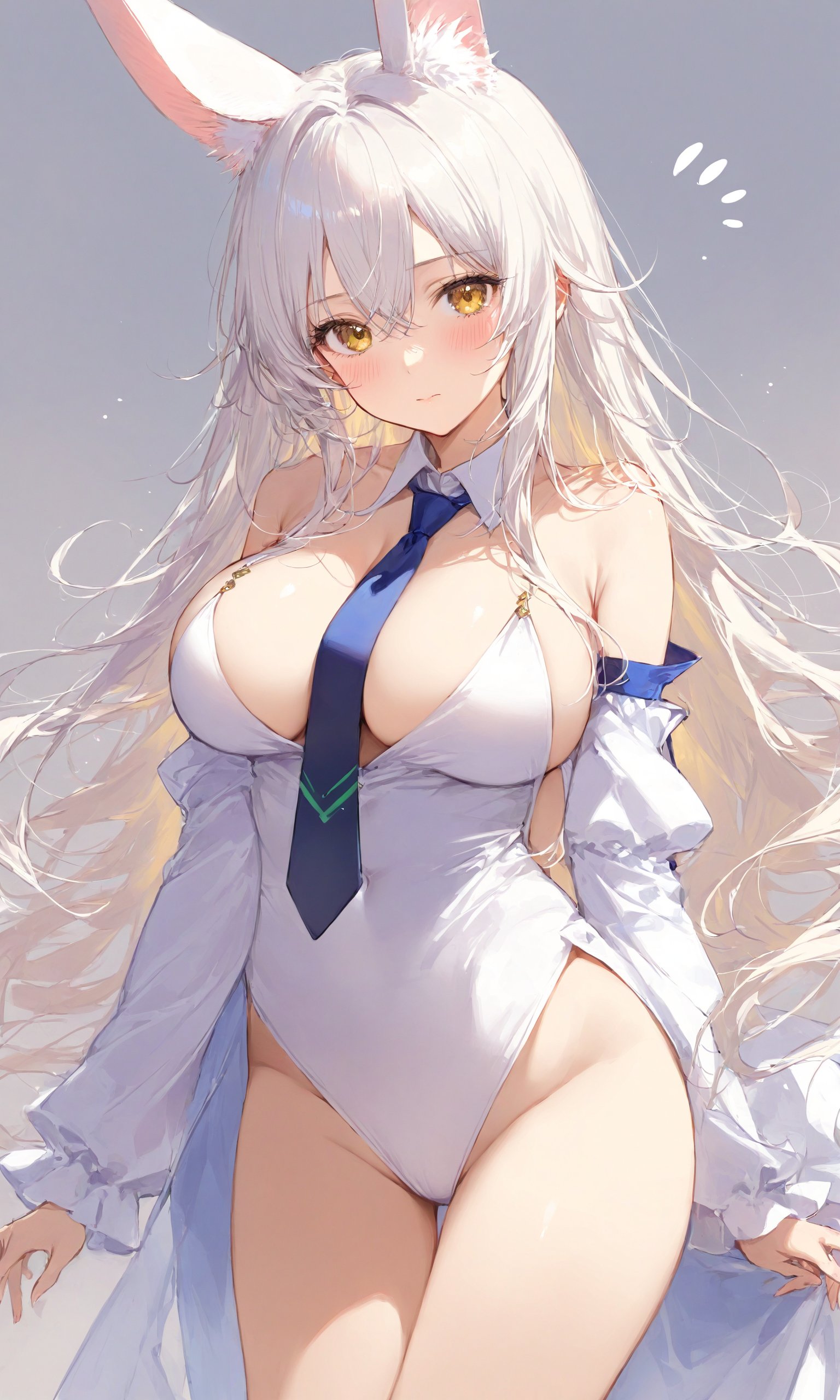 1girl, solo, long hair, breasts, looking at viewer, blush, bangs, large breasts, animal ears, hair between eyes, bare shoulders, very long hair, closed mouth, yellow eyes, white hair, detached sleeves, necktie, sketch, flying sweatdrops,masterpiece, best quality, score_9, score_8_up, score_7_up, ultra-detailed, Best-A, Medium-B, Low-C, Bad-D,