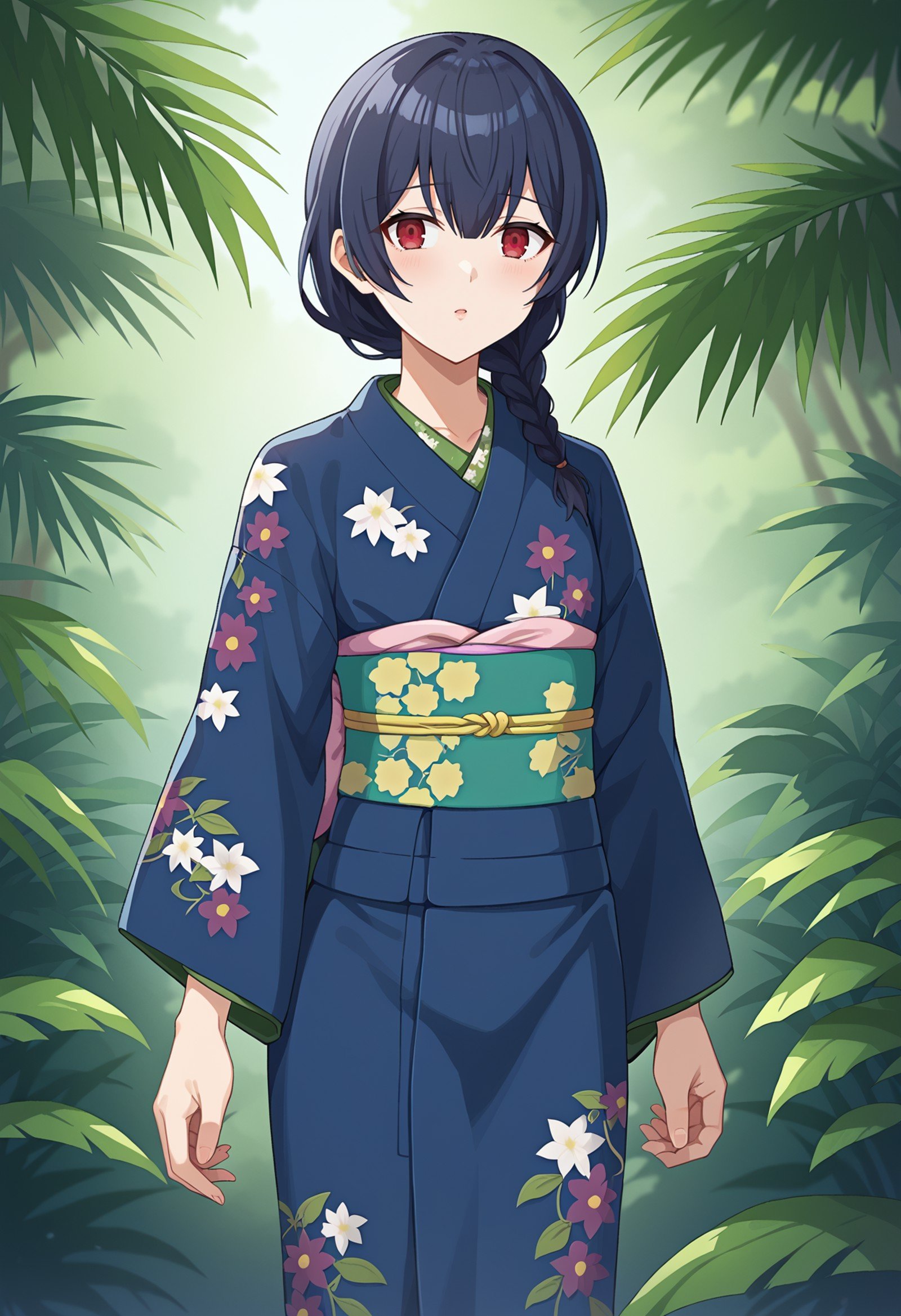 score_9, score_8_up, score_7_up, BREAK source_anime, 1girl, morino rinze, dark blue hair, (braided hair:1.2), red eyes, blue kimono, floral print, guilt, cowboy shot, jungle <lora:hskc-rinze-pony-v0.5:0.8>