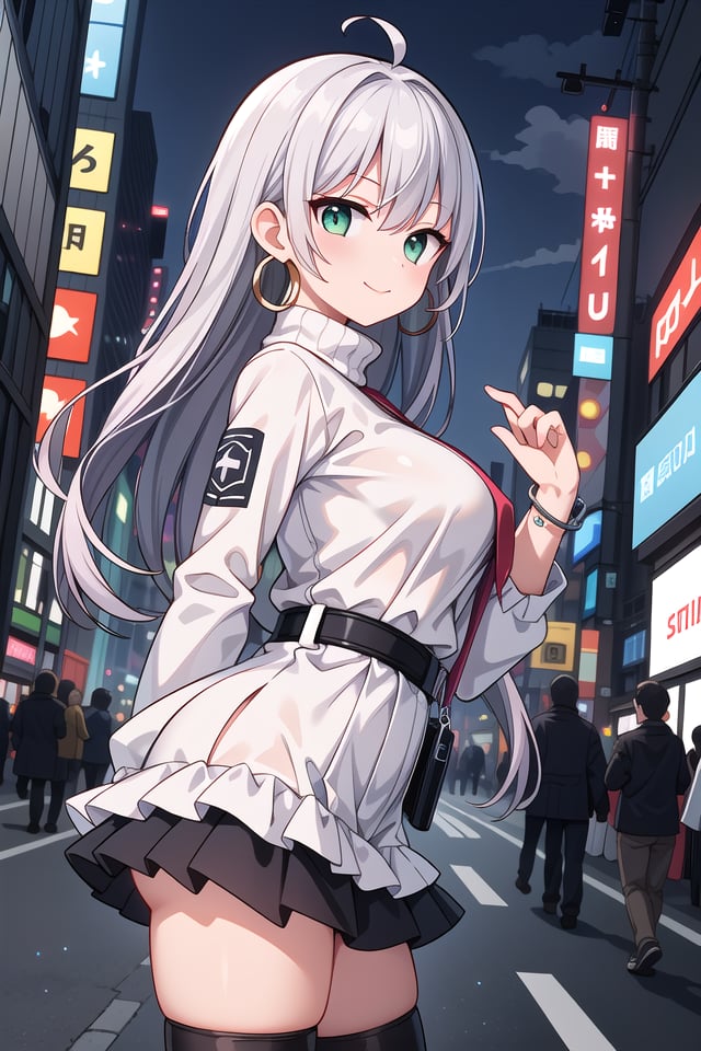 insanely detailed, absurdres, ultra-highres, ultra-detailed, best quality,1girl, solo, nice hands, perfect handsBREAK(Cyberpunk theme:1.2), ((wear an oversized white turtleneck with holographic circuit pattern) paired with (black A-line layered skirt):1.2), (black thigh-high boots:1.2)BREAK(silver accessories:1.2), (silver hoop earrings:1.2), (silver ankle bracelet:1.2)BREAKhappy smile, laugh, closed mouthBREAKfrom side,standing, cowboy shot, looking at viewerBREAKslender, kawaii, perfect symmetrical face, ultra cute girl, ultra cute face, ultra detailed eyes, ultra detailed hair, ultra cute, ultra beautifulBREAKshibuya, akihabara, tokyo, street, crowd, cityscape, depth of field, ultra detailed backgroundBREAKlarge breastsBREAKpink hair, dark green eyes, afro,