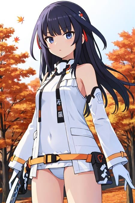 agatsuma kaede, kenui, white shirt, open shirt, sleeveless shirt, white leotard, frilled leotard, sleeveless leotard, detached sleeves, white sleeves, hair ornament, white gloves, bare shoulders, white collar, orange belt, cowboy shot, holding sword, outdoors, autumn, autumn leaves, 1girl <lora:agatsuma_kaede_locon_v1:0.7>