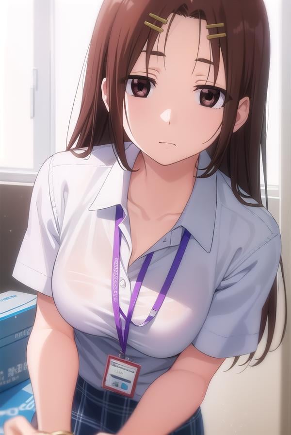 megumichihaya, <lora:megumi chihaya s1-lora-nochekaiser:1>,megumi chihaya, long hair, brown hair, hair ornament, (brown eyes:1.5), hairclip,BREAK skirt, shirt, white shirt, blue skirt, office lady, id card, lanyard,BREAK indoors, office,BREAK looking at viewer, (cowboy shot:1.5),BREAK <lyco:GoodHands-beta2:1>, (masterpiece:1.2), best quality, high resolution, unity 8k wallpaper, (illustration:0.8), (beautiful detailed eyes:1.6), extremely detailed face, perfect lighting, extremely detailed CG, (perfect hands, perfect anatomy),