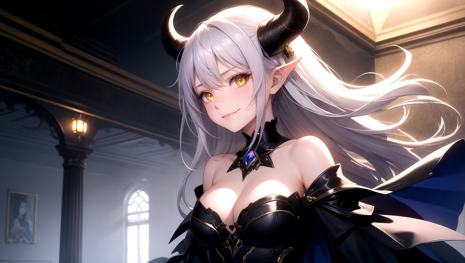 (masterpiece, best quality), 1girl, solo, silver hair, horns, yellow eyes, glowing, bare shoulders, glowing eyes, light rays, wallpaper, demon, pale skin, scenery, demon castle, smirk