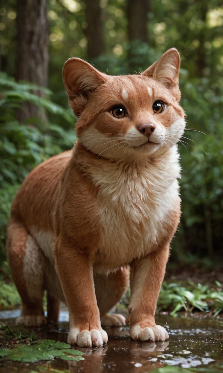 score_9, score_8_up, score_7_up, BREAK, cute creature, furry, adorable, puddle, forest, portrait, highly detailed, detailed skin, depth of field, film grain