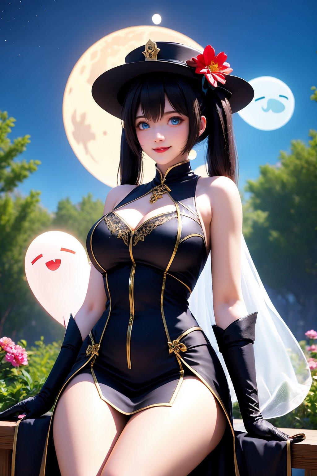 1girl, breasts, large breasts, cleavage, looking at viewer, long hair, hat, black hair, gloves, moon, solo, night, parted lips, black gloves, ghost, outdoors, crescent moon, bare shoulders, hair ornament, lips, flower, thighs, night sky, dress, blue eyes, smile, clothing cutout, sky, sitting, black headwear, sleeveless, brown hair, black dress, twintails,