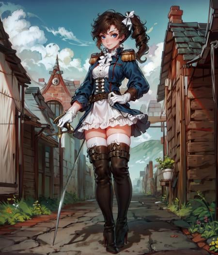 masterpiece, blue eyes, boots, bow, brown footwear, brown hair, brown thighhighs, closed mouth, dress, epaulettes, full body, gloves, hair bow, hand on own hip, high heel boots, high heels, leather, leather boots, looking at viewer, rapier, ringlets, short dress, side ponytail, single glove, sleeves past wrists, smile, solo, standing, sword, thigh boots, thighhighs, unworn gloves, watermark, weapon, white dress, white gloves, zettai ryouiki, outdoors, medieval town  <lora:Pauline :1>