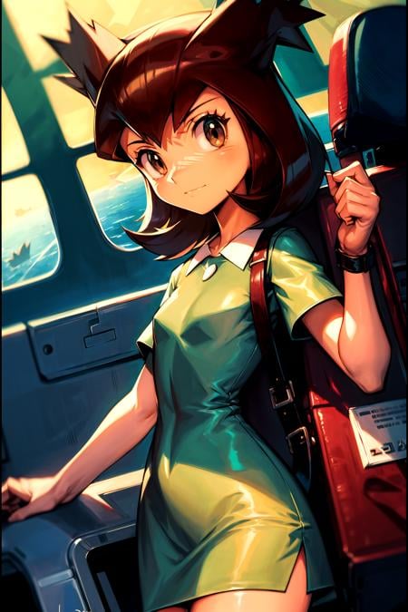 <lora:bianca_pokemon_heroes-000009:1>, bianca (pokemon heroes), cowboy outfit clothes, anime, masterpiece, best illustration, 1girl, airplane interior location, a lot of small details