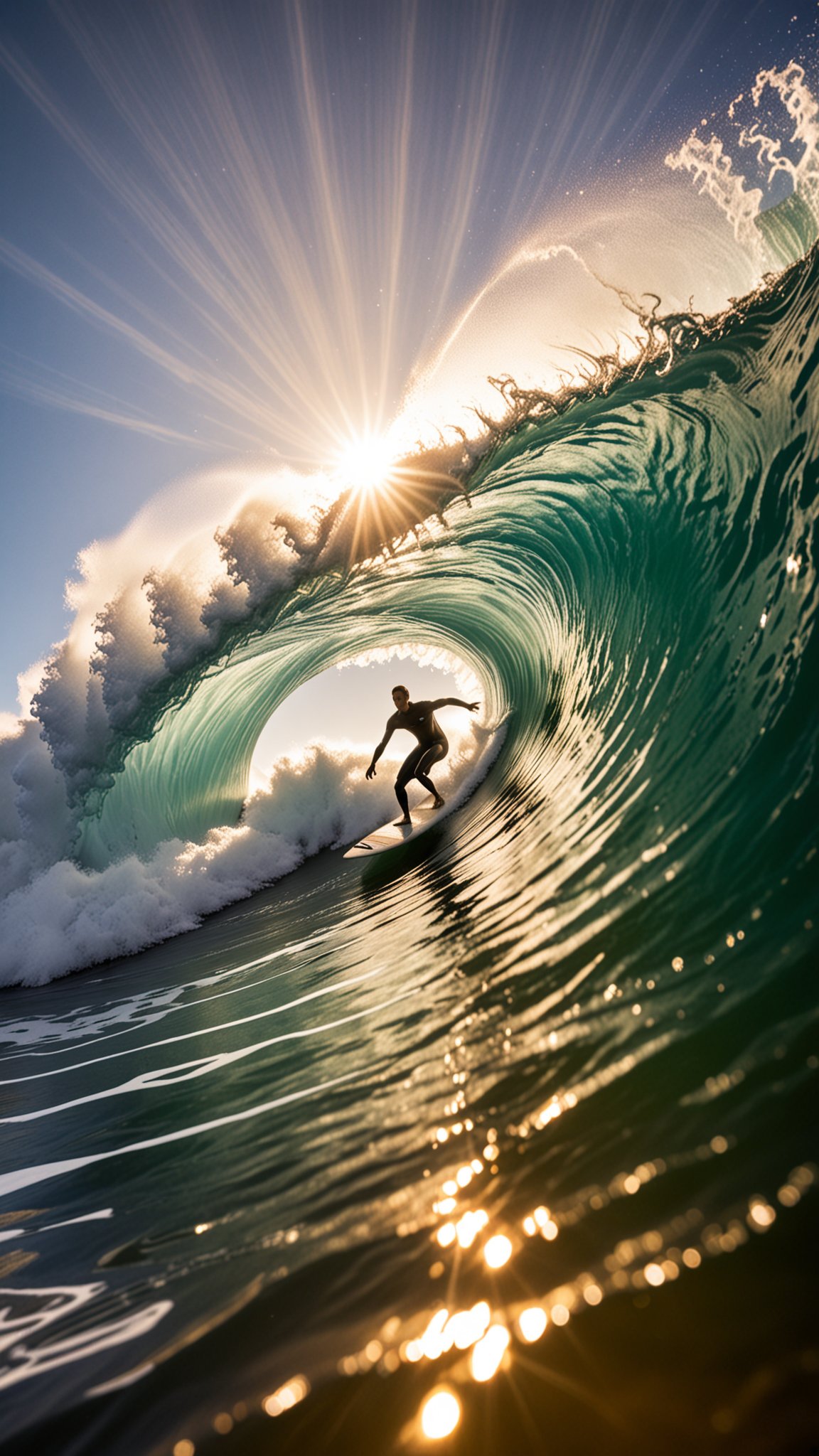 RAW Photography, surfer, surfing, funnel wave, tube wave, lens flare, low wide angle, (sharpness in detail:1.1), Canon EOS 5D Mark IV, masterpiece, 35mm photograph, (iconic photograph:1.4), (visual storytelling:1.2), film grain, award winning photography of anomalous wave, very high