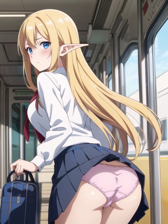 anime screencap, 1girl, beautiful mature woman, solo focus, blonde hair, blue eyes, elf ears, mythical creature, long hair, blush, makeup, expressive face detail, expressive face expression, bright face, well developed character design, from behind, ass, standing and traveling inside train interior, school uniform, skirt, shirt, skirt lift, pink panties, accidental exposure, looking back, looking at viewer, expressionless, bag, school bag, masterpiece, best quality, high quality