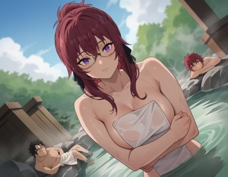 score_9, score_8_up, score_7_up, source_anime,lilyagreyrat, <lora:lilya-greyrat-s1-ponyxl-lora-nochekaiser:1>,lilya greyrat, purple eyes, red hair, glasses,nude, naked, outdoors, onsen, towel, naked towel, steam, bathing, nude cover, partially submerged, water, bath, steam censor, wet towel,looking at viewer, dutch angle, cowboy shot,