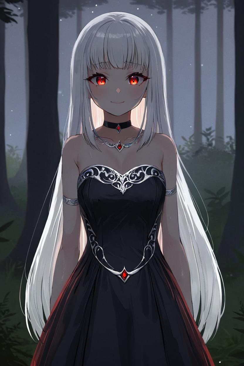 masterpiece, best quality,long hair, silver hair, red eyes, glowing eyes, flat chest, dress, choker, smile, arms behind back, portrait, night, crescent, fog, forest, close-up, 