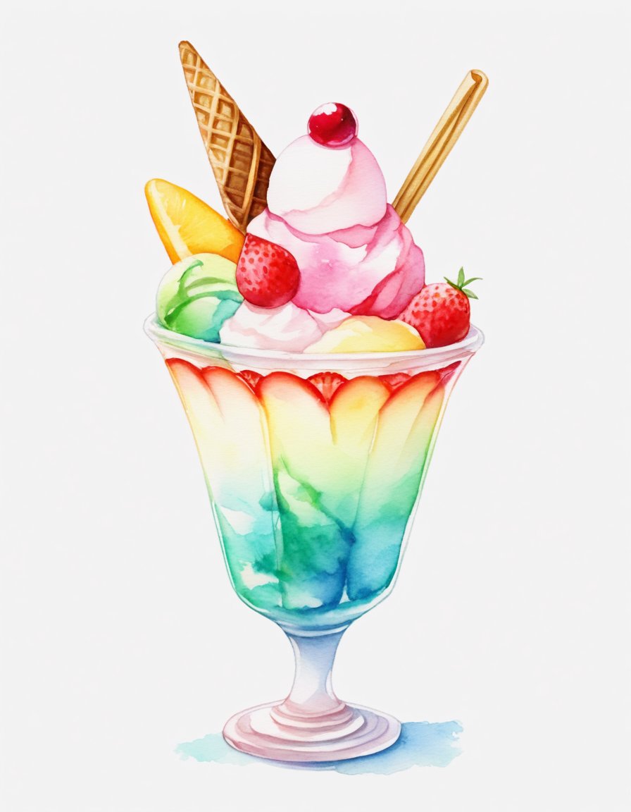 watercolor \(medium\), food focus, no humans, sundae, parfait ice cream, colorful, gradient white background, light