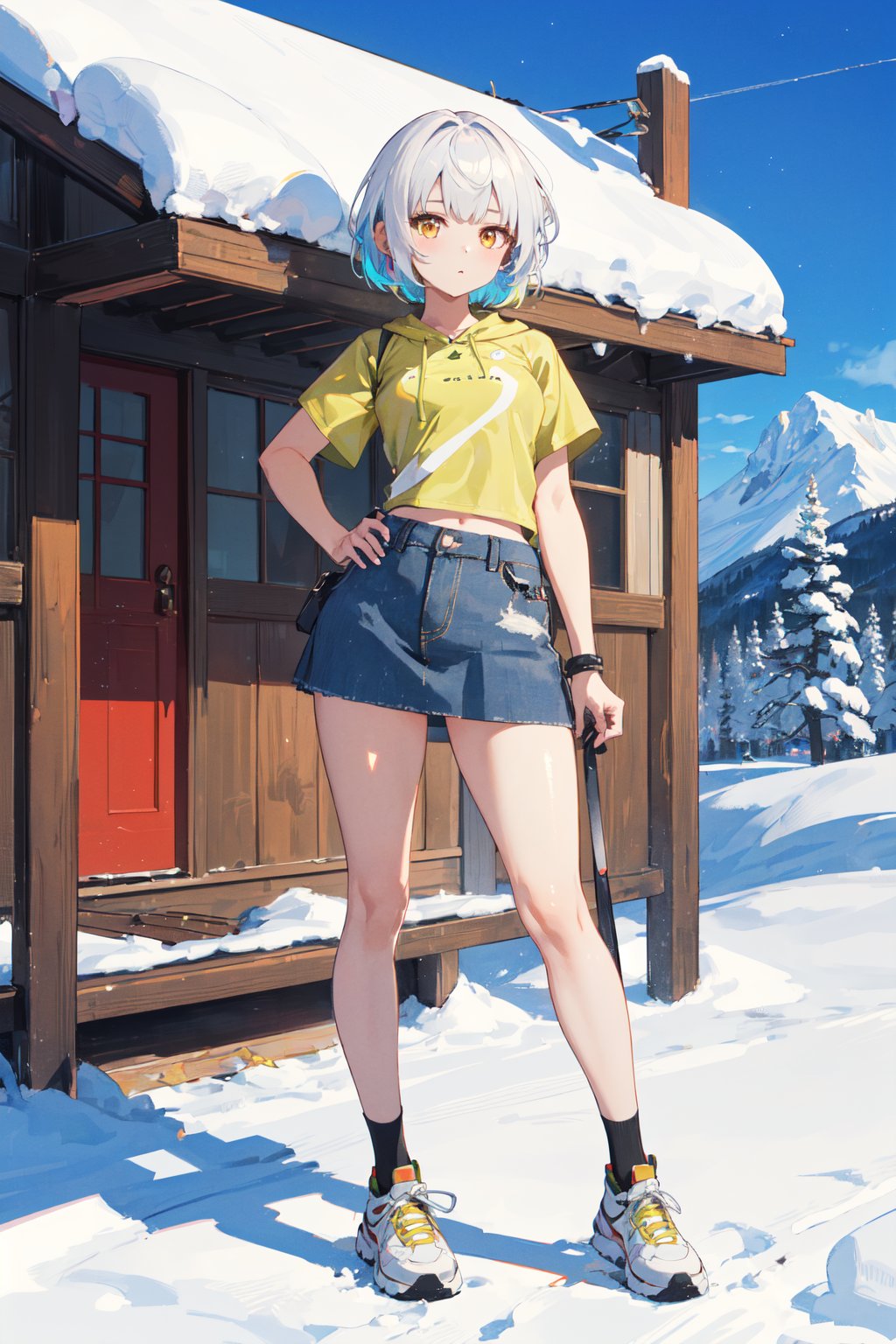 <lora:Anby-000020:0.6>,Anby CYQL,1girl,looking at viewer,solo,short hair,white hair,yellow eyes,(White t-shirt, denim skirt, and sneakers:1.3),(Tsundere:1.2),(full_shot:1.3),At the foot of a snow-covered mountain, a cozy wooden cabin stands serenely, smoke gently curling upwards, contrasting starkly with the distant,beautiful detailed sky,beautiful detailed glow,posing in front of a colorful and dynamic background,masterpiece,best quality,beautiful and aesthetic,contrapposto,female focus,wallpaper,