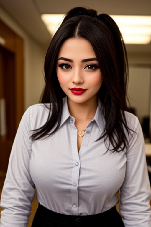 kosha, face portrait, beautiful face, smiling, voluptuous woman, ((very intense makeup)), ((bright lipstick)), long hair, black hair, ponytail, hairstyle, long-sleeved blouse, button-down blouse , white blouse, gray formal pants, office worker<lora:pytorch_lora_weights:1>