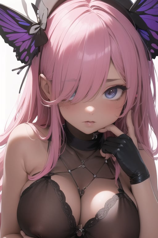 (best quality,4k,highres,masterpiece:1.2),ultra-detailed,1girl,black background,black butterfly,black eyes,breasts,bug,butterfly,collarbone,completely nude,covered mouth,dark skin,deep skin,grabbing,grabbing another's breast,hair over one eye,hat,holding another's arm,large breasts,looking at viewer,mob cap,nude,one eye covered,pink hair,simple background,solo,strangling,too many hands,upper body,white background,