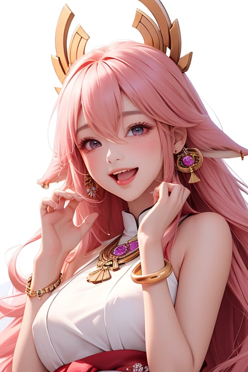 ba shen zi,1girl,pink hair,solo,animal ears,long hair,blush,fox ears,purple eyes,...,jewelry,open mouth,upper body,white background,simple background,bracelet,hair between eyes,bangs,bare shoulders,breasts,earrings,hair ornament,hands up,japanese clothes,cheerful demeanor,radiant smile,bright personality,warm-hearted nature,optimistic outlook,vibrant energy,sun-kissed complexion,joyful laughter,free-spirited,carefree attitude,(outgoing nature:1.2),uplifting presence,playful spirit,(positive vibes:1.2),(lively enthusiasm:1.1),(beaming with happiness:1.3),(natural beauty:1.3),(sunshine in her eyes:1.1),(infectious laughter:1.3),<lora:aki-000002:0.5>,