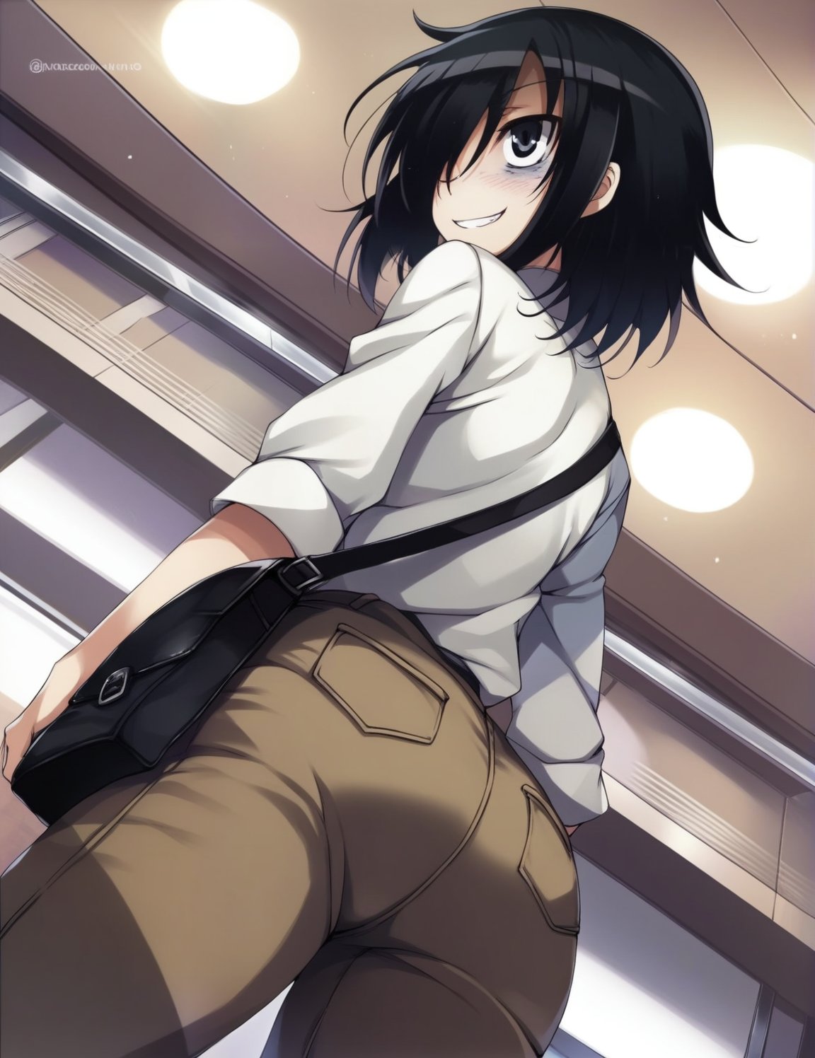 score_4, score_5, score_6, score_9, score_8_up, score_7_up, solo, art_by_tomose_shunsaku, <lora:tomoko_kuroki-10:1>, tomokoxl, bags under eyes, black hair, medium hair, hair over one eye, brown pants, white shirt, shoulder bag, looking back, evil smile, blush, indoors, mall, lights, back view, from below