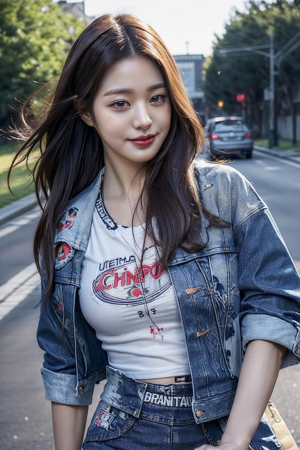 jangwonyoung,1girl,((realistic)), ((hyperrealism)),((best quality)), (((masterpiece))),((ultra high res)),((ultradetailed)), (photorealistic:1.4), idol, (looking at viewer:2), <lora:add_detail:0.6>,detailed face,detailed eyes,outdoors,<lora:Wonyoung_v3.1:1>,wide shot, panorama, dynamic pose, dynamic angle, film grain, Fujifilm XT3,outdoors, smile, walking,(Denim_jacket_with_patched_artwork:1.5),(Graphic_tee:1.4),(Cargo_pants:1.3) [带拼布艺术的牛仔夹克, 图案T恤, 装饰口袋长裤],  