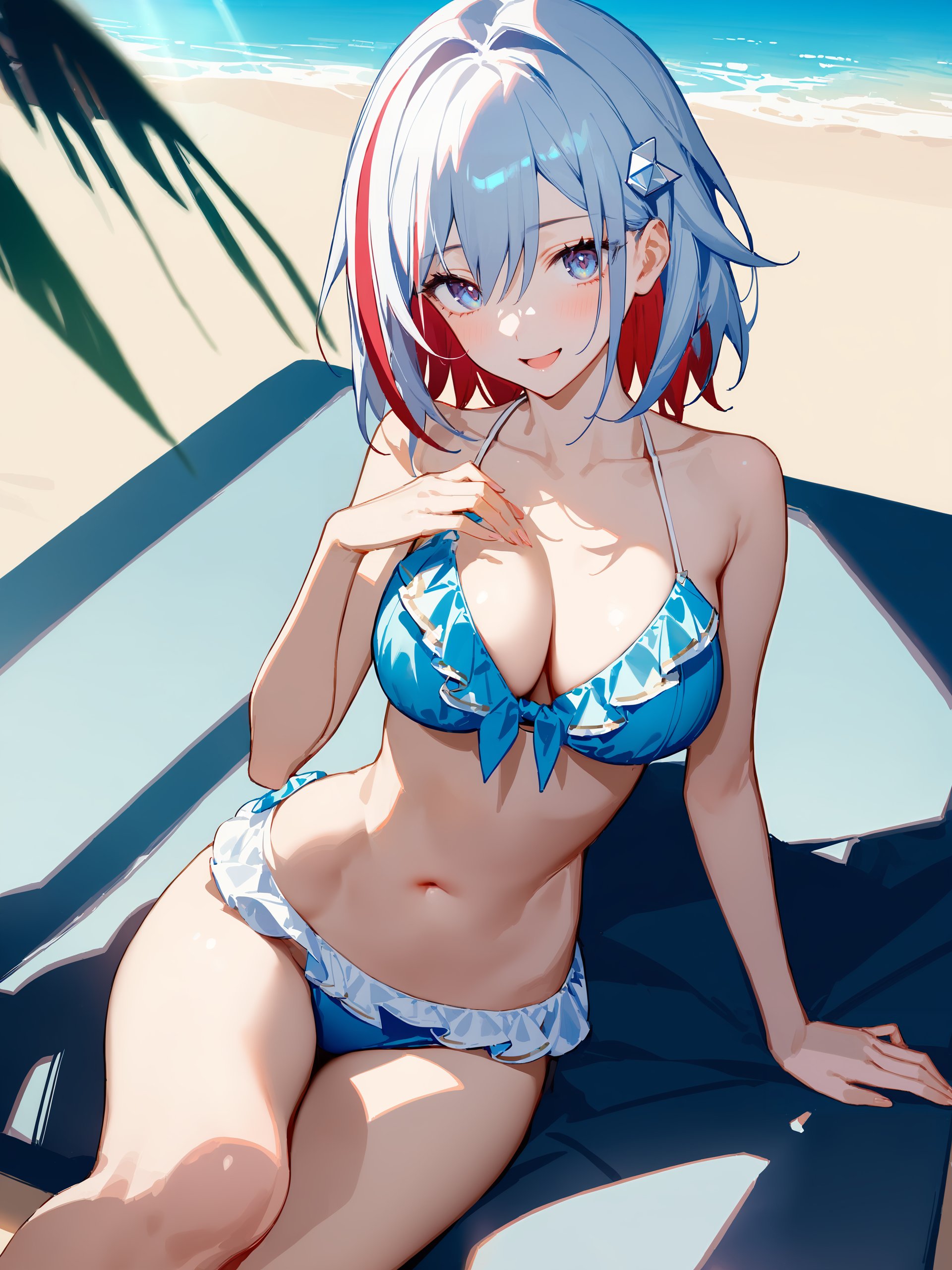 masterpiece, best quality, perfect features, intricate details, ray tracing, very aesthetic, (hitenkei, askzy:0.4), 1girl, topaz \(honkai: star rail\), hairpin, frilled bikini, looking at viewer, reclining, beach, ocean, sunlight, blue sky, depth of field, laughing  <lora:Char-HonkaiSR-Topaz-XL-V1:0.8>