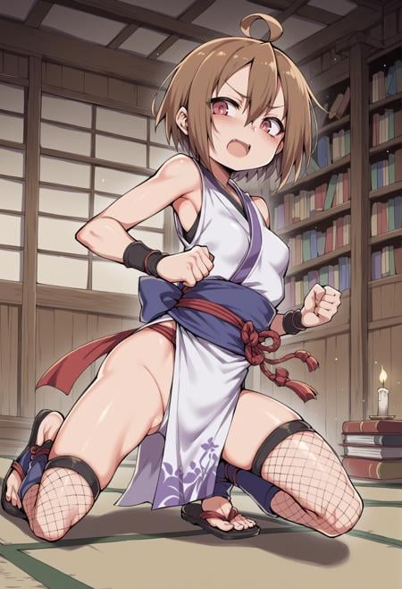 1girl, short hair, small breasts, fishnets, short hair, brown hair, pink eyes, ahoge, ninja, sleeveless, japanese clothes, wristband, greaves, tabi, sandals, on one knee, clenched hand, arm support, indoors, japanese house, library, candlelight, miniskirt <lora:senbei_avocadochaya_XL:1>, score_9, score_8_up, score_7_up, score_6_up, score_5_up, score_4_up, BREAK source_anime, masterpiece