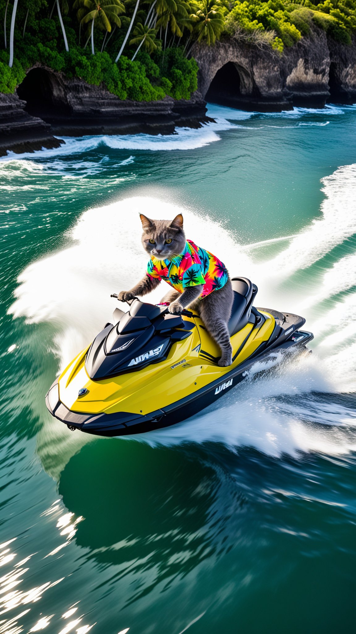 a cute grey furry cat wearing a Hawaian shirt and colorful surfer shorts , riding a jet ski, jumping waves on the jet ski, uhd, aerial photography, drone photography, sweeping landscapes, unique perspectives, epic scale, capturing from above, revealing hidden beauty, showcasing vastness, immersive experience, precise compositions, expert piloting, dynamic angles, cinematic storytelling, showcasing natural wonders, aerial exploration