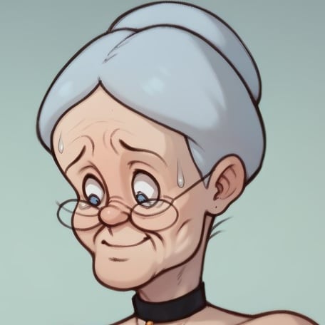 source_cartoon,rating_explicit,score_9,score_8_up,score_7_up,score_6_up,score_5_up,score_4_up,old,woman,white top,purple skirt,glasses,necklace,grey hair in a bun,<lora:Granny (Looney Tunes)XL:0.9>,huge breasts,huge ass,huge hips,thick thighs,pose,(nude:1.2),<lora:jumbovenusXL-vp2-WT:1>,prominent tummy,sagging breasts,large areolae,wrinkled skin,wrinkled face,front view,looking down,nervous smile,sweat, 