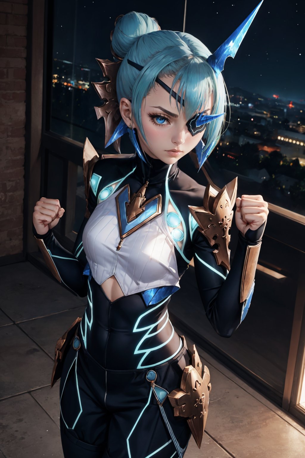 masterpiece, best quality, 1girl,  <lora:xctheory-nvwls-v1-000009:0.9> xcTheory, single hair bun, horns, hair ornament, eyepatch, bodysuit, armor, black pants, furrowed brow, serious, fists, from above, night, looking at viewer