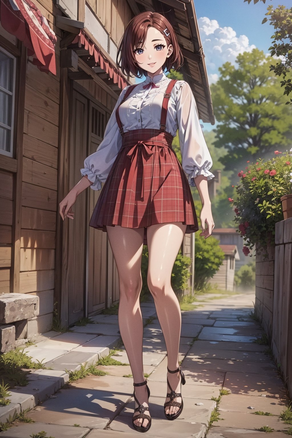 <lora:OVA_Ruyueli:0.8>,OVA_Ruyueli,reddish brown hair,short hair,hair ornament,1girl,outdoors,smile,full body,, 8k,best quality,masterpiece,rule of thirds,superb,high resolution,sharp focus,extremely detailed description,professional,gorgeous and intricate details,