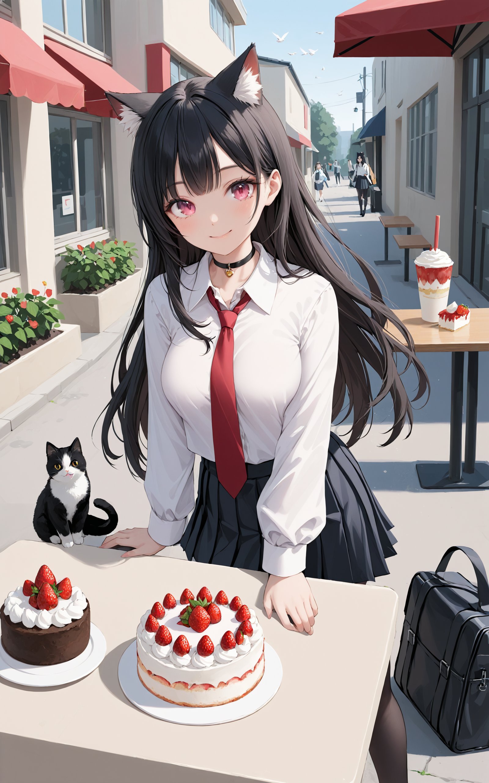 girl, 1girl, animal, animal ears, bag, bird, black choker, black footwear, black hair, black skirt, breasts, cake, cat, cat ears, choker, closed mouth, collared shirt, cup, disposable cup, food, food in mouth, fur trim, gift, hat, holding, holding cup, long hair, long sleeves, looking at viewer, medium breasts, necktie, outdoors, pink eyes, pleated skirt, red necktie, school bag, shirt, skirt, smile, solo, strawberry, table, white shirt, wing collar