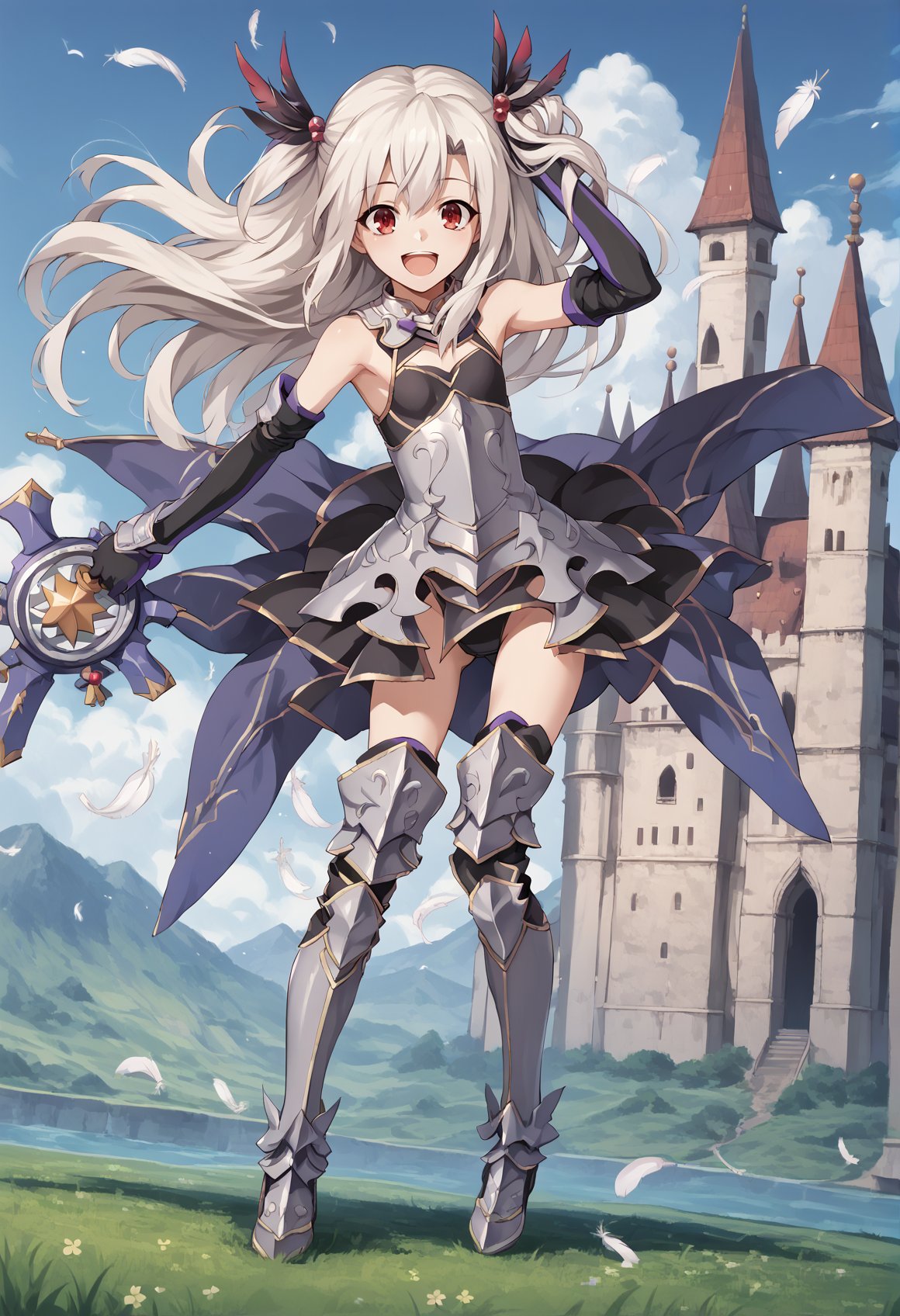 1girl, white hair, red eyes, long hair, twin tails, hair ornament, feathers, flat chest, leotard, Clothing Cutout, elbow gloves, Thighhighs, armor, gauntlets, greaves, armored boots, smile, outdoors, castle, full body, dutch angle, hand on hair, looking at viewer, smile, open mouth, wind <lora:Mashu:0.8> <lora:Illya_IQ2:1>, score_9, score_8_up, score_7_up, score_6_up, score_5_up, score_4_up, BREAK source_anime, masterpiece