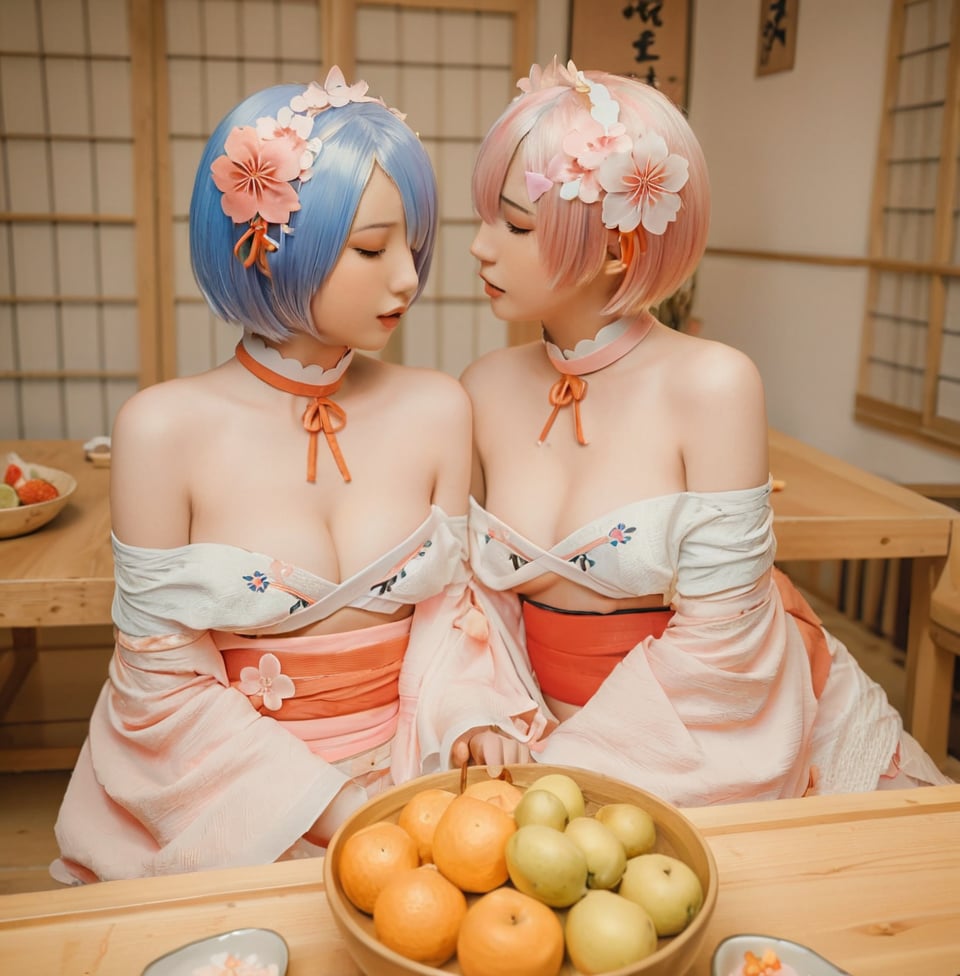 ram \(re:zero\),siblings,sisters,rem \(re:zero\),short hair,blue hair,pink hair,multiple girls,japanese clothes,2girls,hair ornament,twins,kimono,fruit,flower,web address,hair flower,food,realistic,bare shoulders,feeding,indoors,off shoulder,choker,breasts,closed eyes,x hair ornament,pink eyes,bowl,incest,hair over one eye,yuri,twincest,looking at another,table,fine art parody,obi,wide sleeves,sash,medium breasts,indoor environment,<lora:如梦-000002:0.8>,