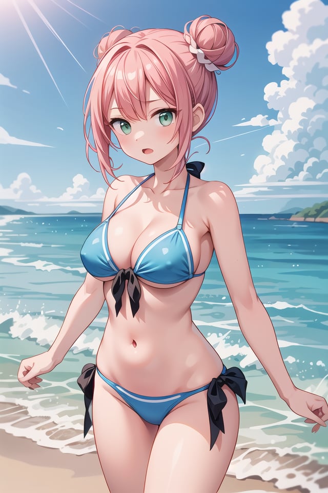 insanely detailed, absurdres, ultra-highres, ultra-detailed, best quality,1girl, solo, nice hands, perfect handsBREAK(pastel colored bikini:1.3)BREAKexpressionless, open mouth,standing, seductive pose, cowboy shotBREAKslender, kawaii, perfect symmetrical face, ultra cute girl, ultra cute face, ultra detailed eyes, ultra detailed hair, ultra cute, ultra beautifulBREAKEvening sea Capture the mesmerizing beauty of the ocean as the sun sets, painting the sky with warm hues, depth of field, ultra detailed backgroundBREAKmedium large breasts, cleavage, extremely detailed navel,  (shiny skin:1.3)BREAKred hair, green eyes, ballerina bun, 