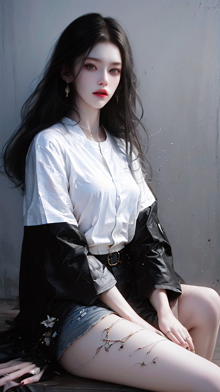 1girl, solo, black hair, long hair, shorts, sitting, looking at viewer, shirt, realistic, white shirt