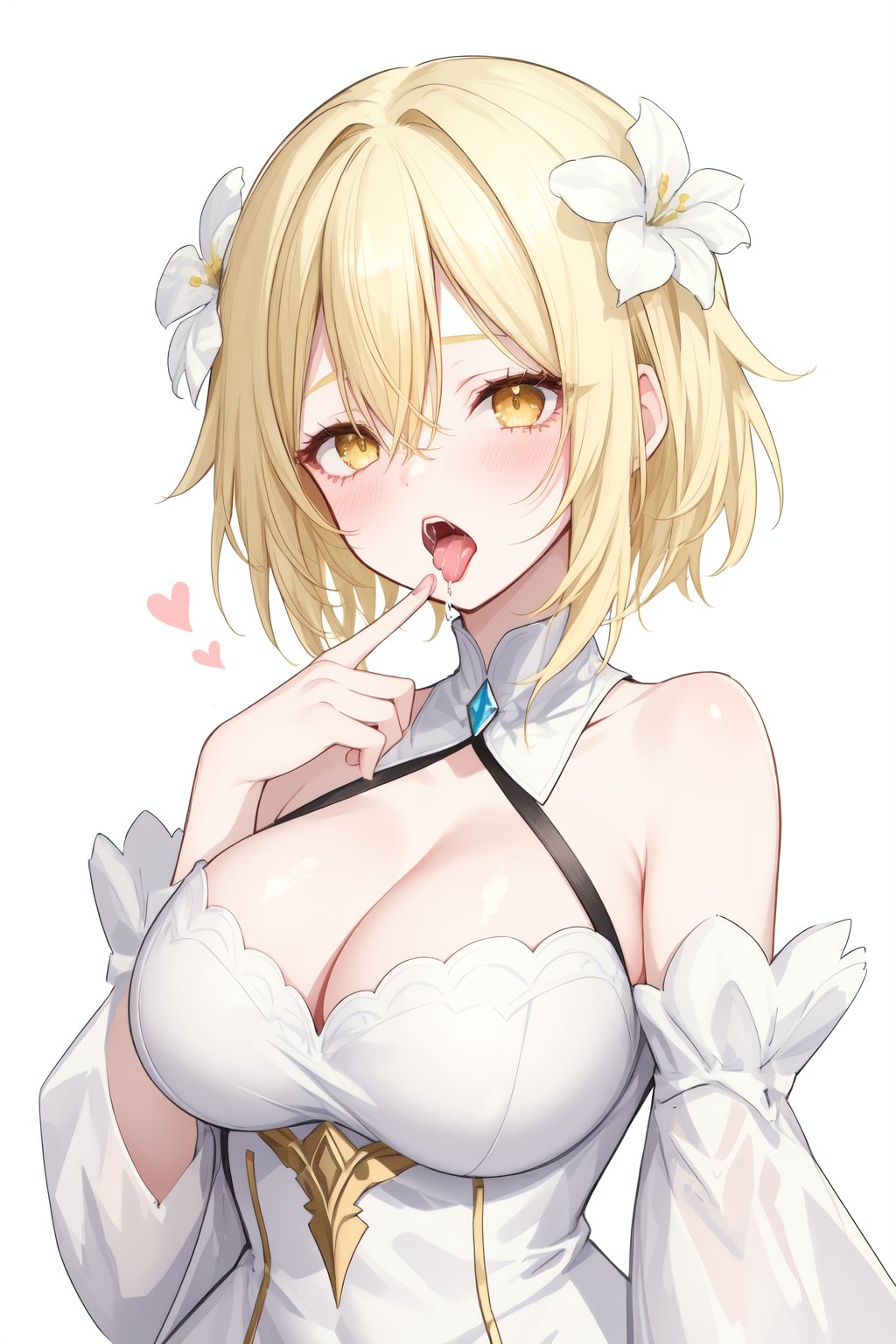 1girl,breasts,blonde hair,hair flower,hair ornament,flower,blush,tongue,cleavage,open mouth,yellow eyes,saliva,finger in another's mouth,dress,white dress,bangs,bare shoulders,hair between eyes,tongue out,solo focus,upper body,simple background,large breasts,detached sleeves,white background,white flower,