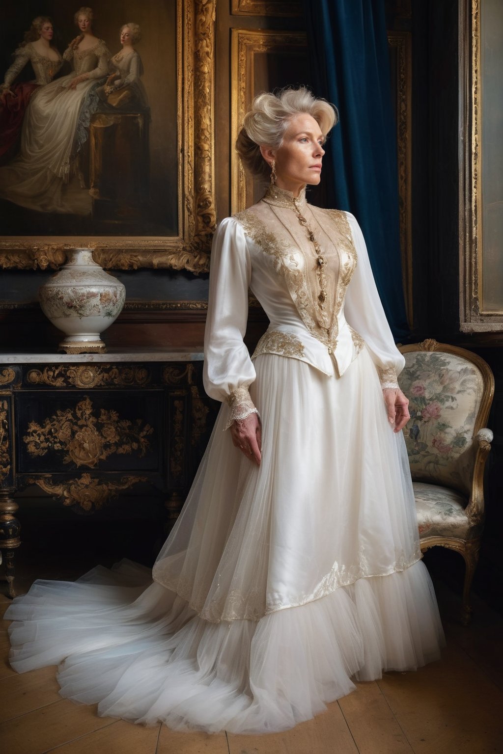 full body shot, a middle aged Victorian noblewoman, straight back, she wears an elegant silk flowing blouse with a huge white tulle dress raised, gold shoes, blond hair in waves. exquisite antiques and paintings, very ornate architecture, ornate furniture. Flowers, a beautiful portrait, (selective focus:1.4)