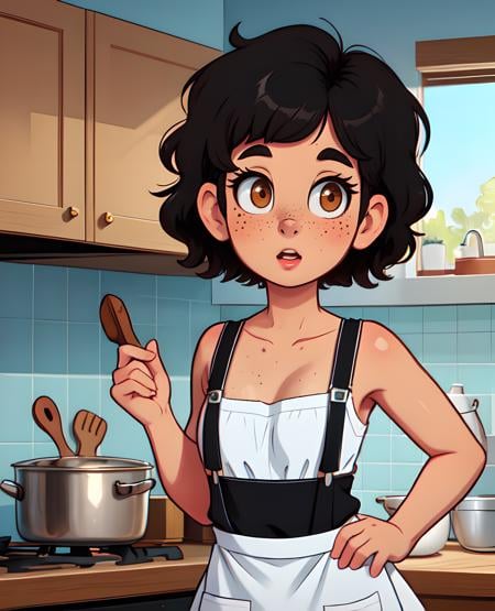 a portrait of a pole, short perm haircut, black hair, phoebe cates young, leather, freckles, apron, small breast, amazing body, pronounced feminine feature, legwear suspenders, kitchen, close up, skin covered by flour