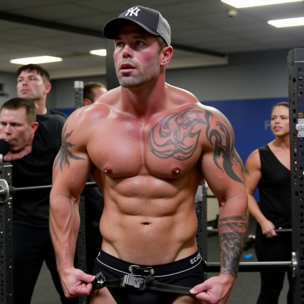 Masterpiece, 1man, muscular, detailed face, 30yo, posing in gym, wearing silkies