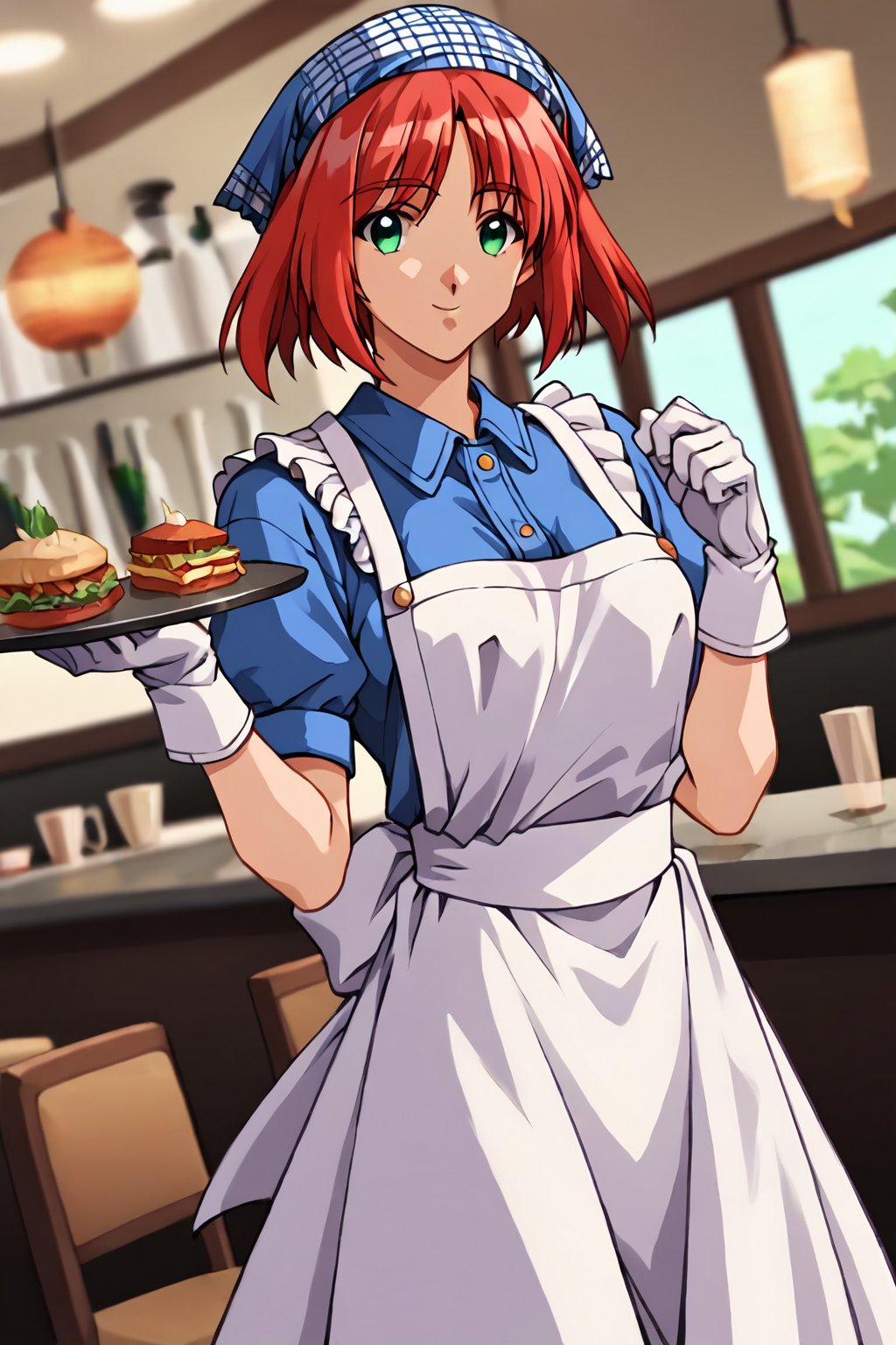 score_9, score_8_up, score_7_up, score_6_up, score_5_up, score_4_up, source_anime, ogata shizuka, red hair,1girl, solo, smile, apron, blue shirt, blue skirt, frilled apron, frills, gloves, head scarf, shirt, short sleeves, skirt, uniform, waist apron, waitress, white apron, white gloves, food, tray, food tray, indoors, restaurant, looking at viewer, dutch angle, cowboy shot,masterpiece, perfect face, best quality, beautiful girl, blurry background, cute girl, beautiful eyes, shiny eyes, anime coloring, anime screencap, absurdres,<lora:ogata shizuka anyt 905:0.8>