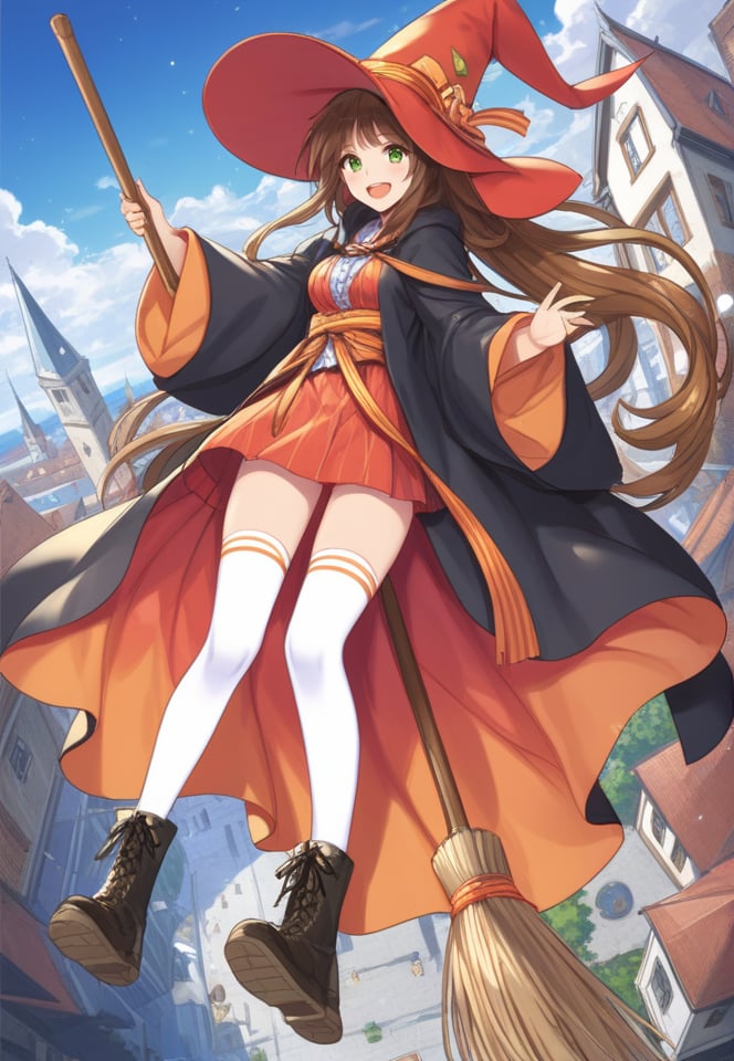 (best quality), ((masterpiece)), (highres), illustration, original, extremely detailed,   <lora:恩佩西斯的闪光:0.7>1girl, broom, solo, broom riding, green eyes, long hair, thighhighs, open mouth, boots, day, smile, brown hair, white thighhighs, sky, :d, ponytail, holding, blue sky, ribbon, robe, hair ribbon, orange ribbon, building, outdoors, black robe, witch, wide sleeves, black footwear, long sleeves, flying, striped