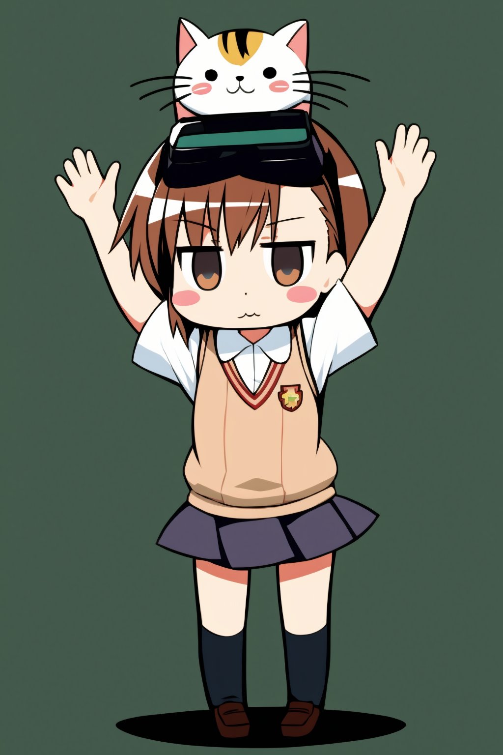 masterpiece, best quality, <lora:misakaimouto:1>,1girl, cat, :3, tokiwadai school uniform, school uniform, brown hair, chibi, brown eyes, misaka imouto, solo, head-mounted display, on head, cat on head, animal on head, animal, blush stickers, sweater vest, short hair, misaka mikoto, black cat, skirt, spread arms, outstretched arms, jitome